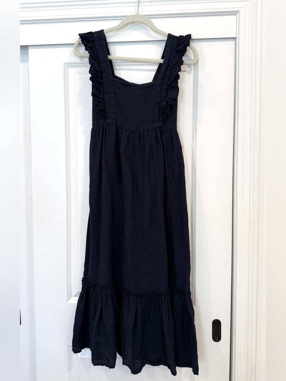 Madison Mathews Navy 100% Linen Ruffle Women's Midi Dress XS